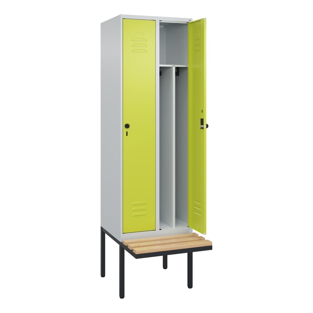 C+P Spind Classic PLUS, 2 Abteile, Trennwand, HxBxT 2.120 x 600 x 815 mm, für Vorhängeschloss, auskragende Bank aus Buche, lichtgrau, clowngrün