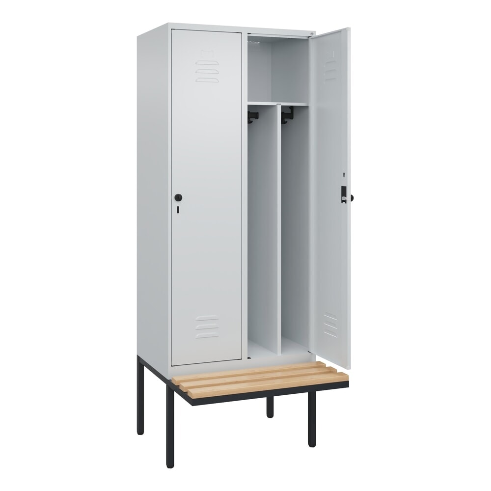 C+P Spind Classic PLUS, 2 Abteile, Trennwand, HxBxT 2.120 x 800 x 815 mm, für Vorhängeschloss, auskragende Bank aus Buche, lichtgrau, lichtgrau