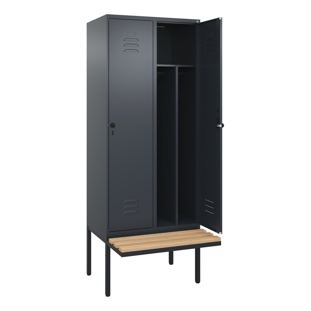 C+P Spind Classic PLUS, 2 Abteile, Trennwand, HxBxT 2.120 x 800 x 815 mm, für Vorhängeschloss, auskragende Bank aus Buche, anthrazitgrau, anthrazitgrau
