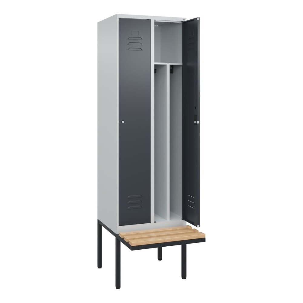 C+P Spind Classic PLUS, 2 Abteile, Trennwand, HxBxT 2.120 x 600 x 815 mm, Zylinderschloss, auskragende Bank aus Buche, lichtgrau, anthrazitgrau