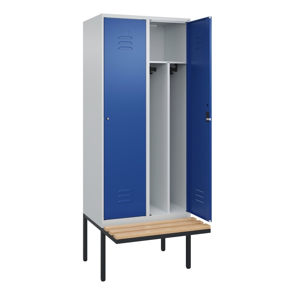 C+P Spind Classic PLUS, 2 Abteile, Trennwand, HxBxT 2.120 x 800 x 815 mm, Zylinderschloss, auskragende Bank aus Buche, lichtgrau, enzianblau