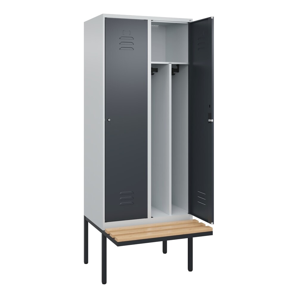 C+P Spind Classic PLUS, 2 Abteile, Trennwand, HxBxT 2.120 x 800 x 815 mm, Zylinderschloss, auskragende Bank aus Buche, lichtgrau, anthrazitgrau