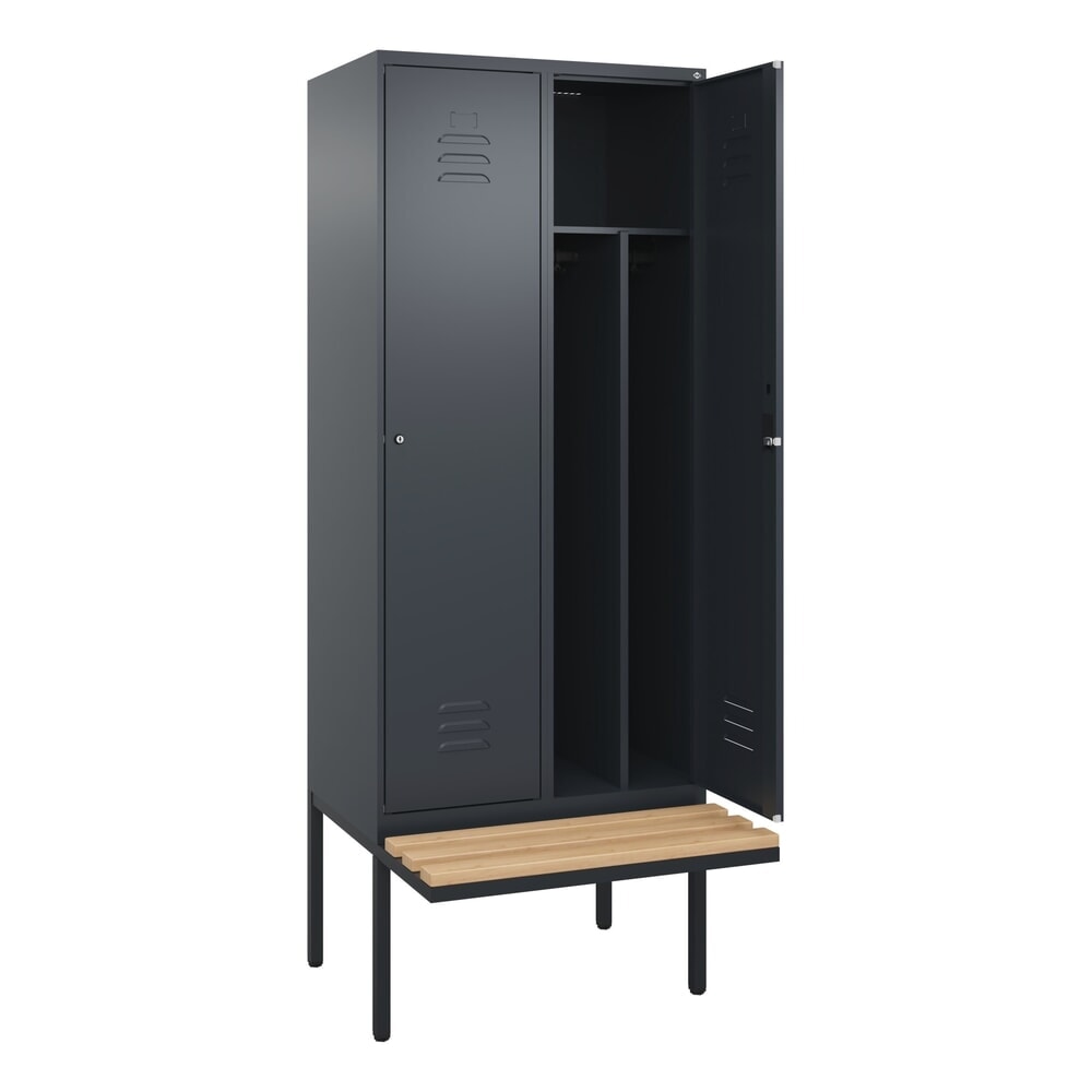 C+P Spind Classic PLUS, 2 Abteile, Trennwand, HxBxT 2.120 x 800 x 815 mm, Zylinderschloss, auskragende Bank aus Buche, anthrazitgrau, anthrazitgrau
