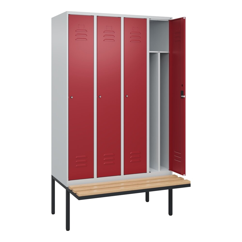 C+P Spind Classic PLUS, 4 Abteile, Trennwand, HxBxT 2.120 x 1.200 x 815 mm, Zylinderschloss, auskragende Bank aus Buche, lichtgrau, rubinrot