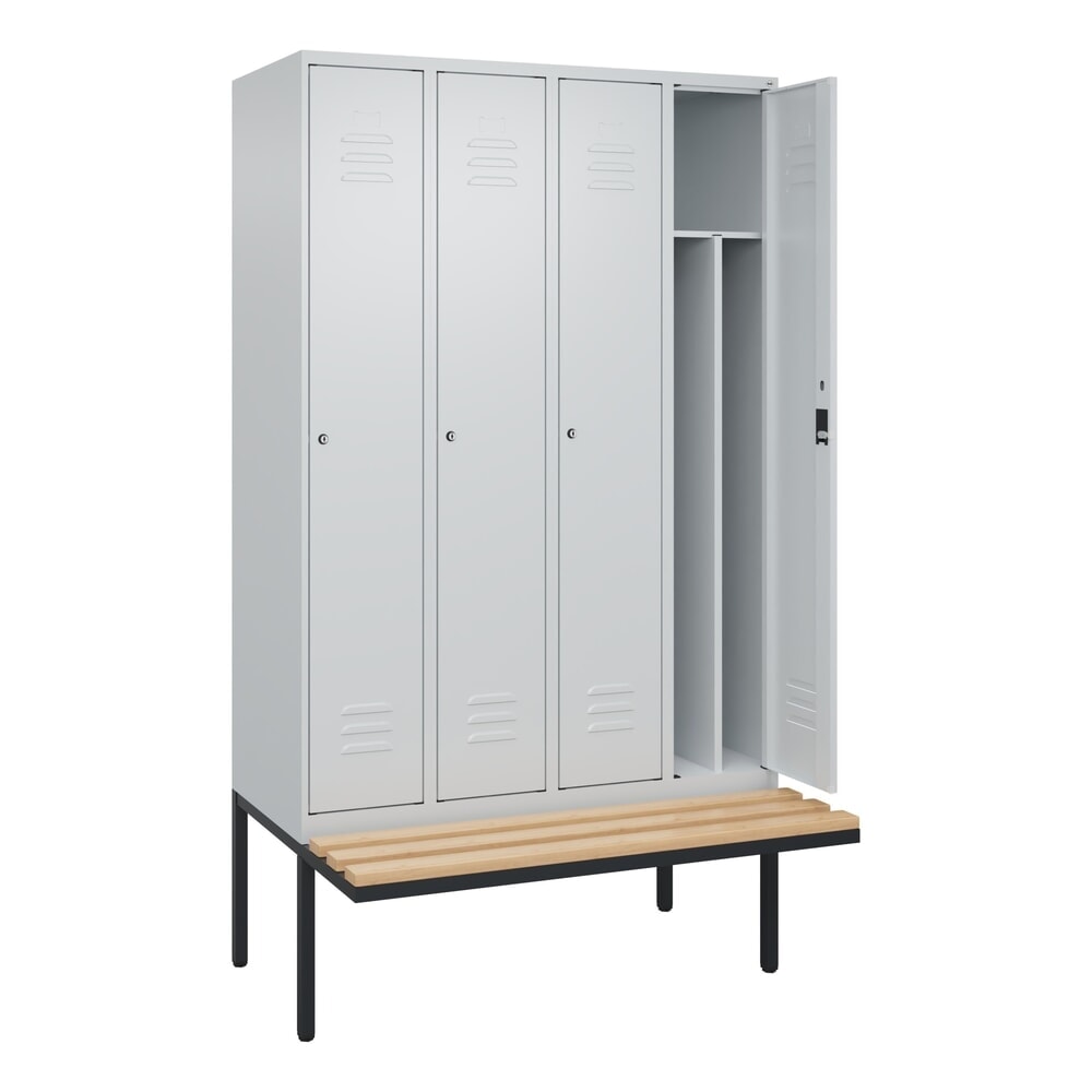 C+P Spind Classic PLUS, 4 Abteile, Trennwand, HxBxT 2.120 x 1.200 x 815 mm, Zylinderschloss, auskragende Bank aus Buche, lichtgrau, lichtgrau