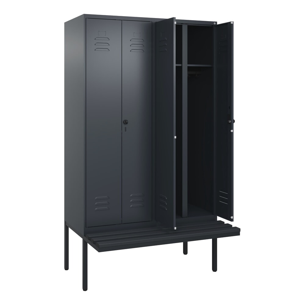 C+P Schwarz-Weiss-Spind Classic PLUS, 4 Abteile, HxBxT 2.120 x 1.200 x 815 mm, für Vorhängeschloss, auskragende Bank aus Kunststoff, anthrazitgrau, anthrazitgrau