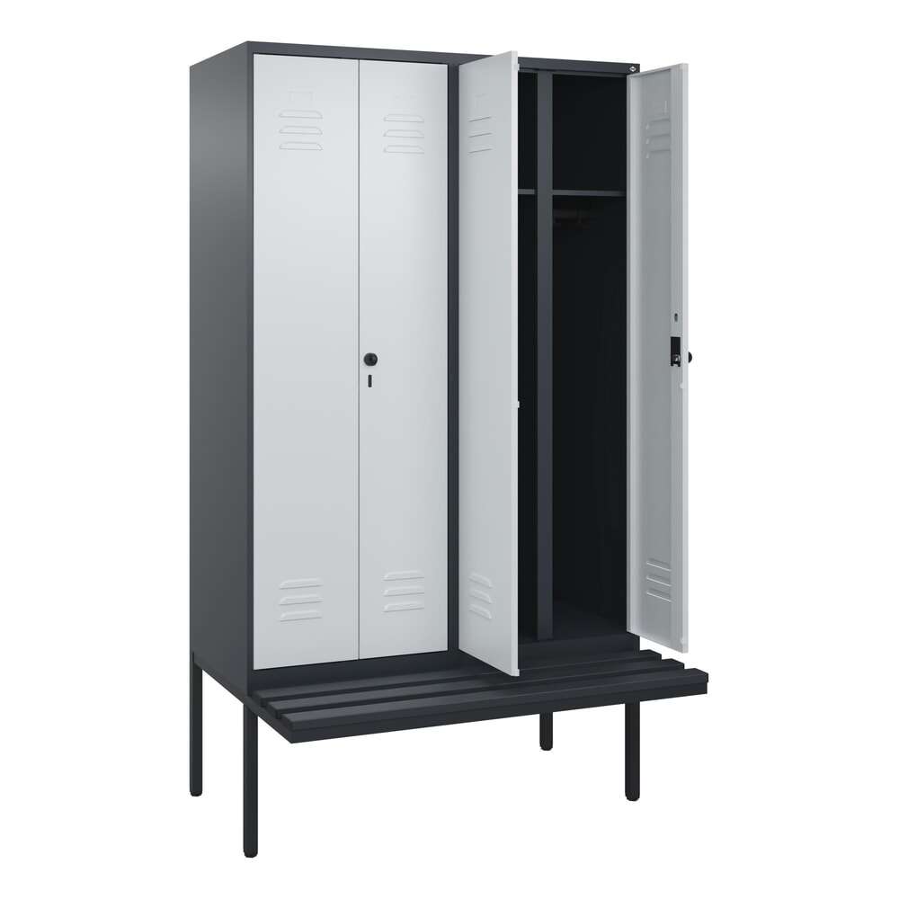 C+P Schwarz-Weiss-Spind Classic PLUS, 4 Abteile, HxBxT 2.120 x 1.200 x 815 mm, für Vorhängeschloss, auskragende Bank aus Kunststoff, anthrazitgrau, lichtgrau