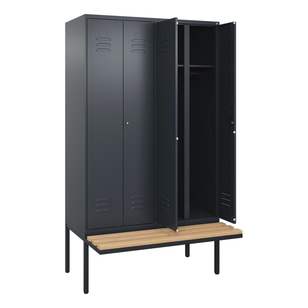 C+P Schwarz-Weiss-Spind Classic PLUS, 4 Abteile, HxBxT 2.120 x 1.200 x 815 mm, Zylinderschloss, auskragende Bank aus Buche, anthrazitgrau, anthrazitgrau