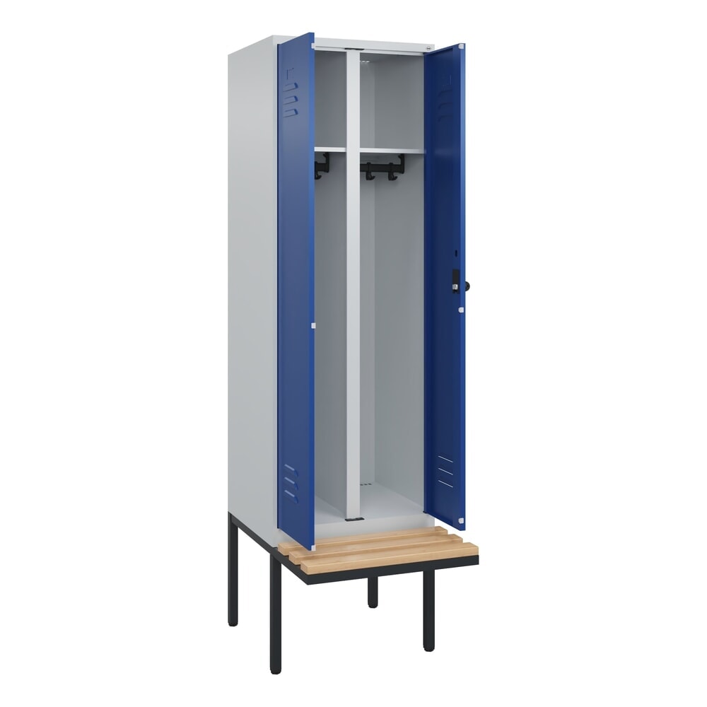 C+P Schwarz-Weiss-Spind Classic PLUS, 2 Abteile, HxBxT 2.120 x 600 x 815 mm, für Vorhängeschloss, auskragende Bank aus Buche, lichtgrau, enzianblau