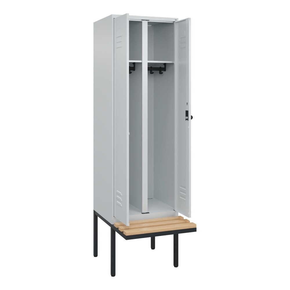 C+P Schwarz-Weiss-Spind Classic PLUS, 2 Abteile, HxBxT 2.120 x 600 x 815 mm, für Vorhängeschloss, auskragende Bank aus Buche, lichtgrau, lichtgrau