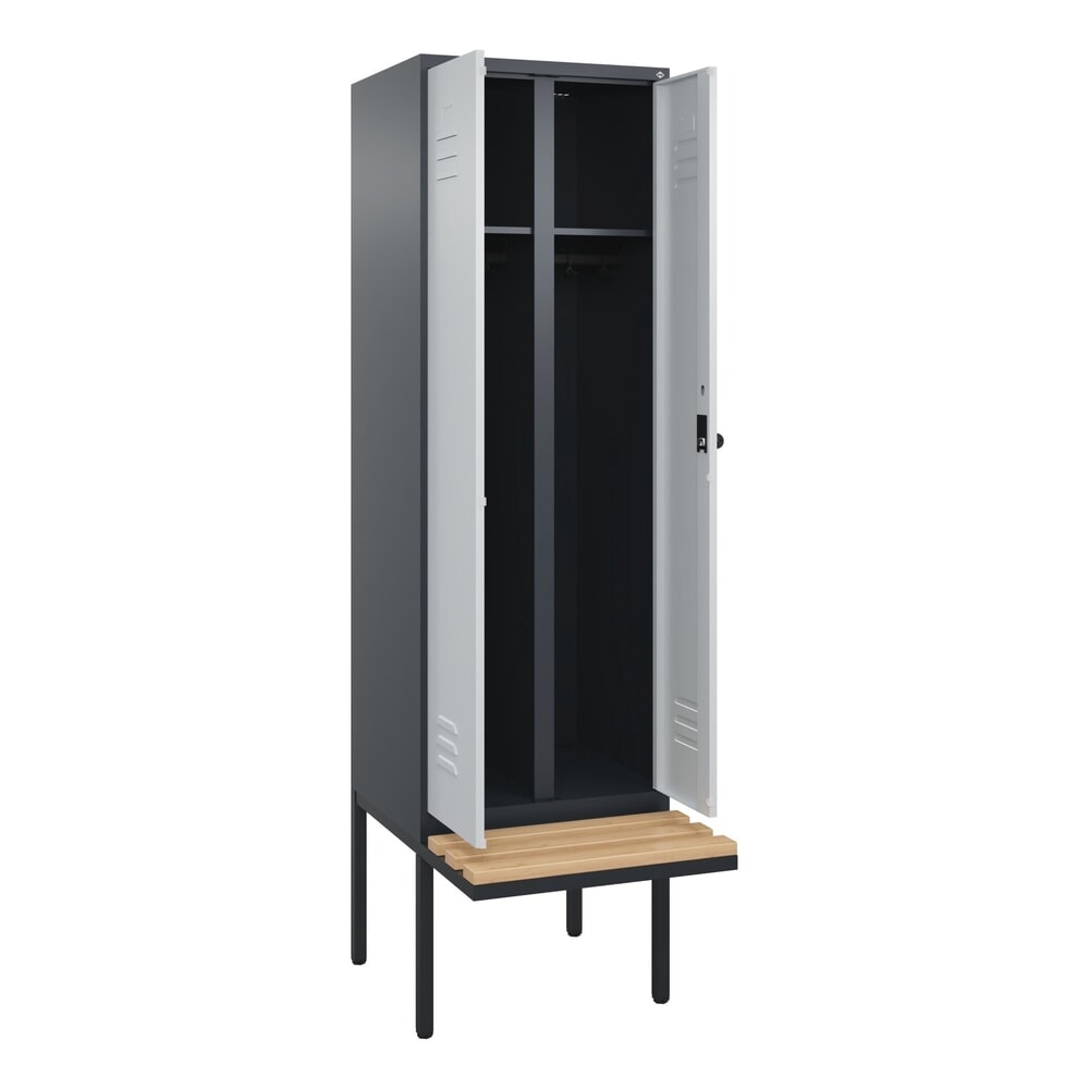 C+P Schwarz-Weiß-Spind Classic PLUS, 2 Abteile, HxBxT 2.120 x 600 x 815 mm, für Vorhängeschloss, auskragende Bank aus Buche, anthrazitgrau, lichtgrau