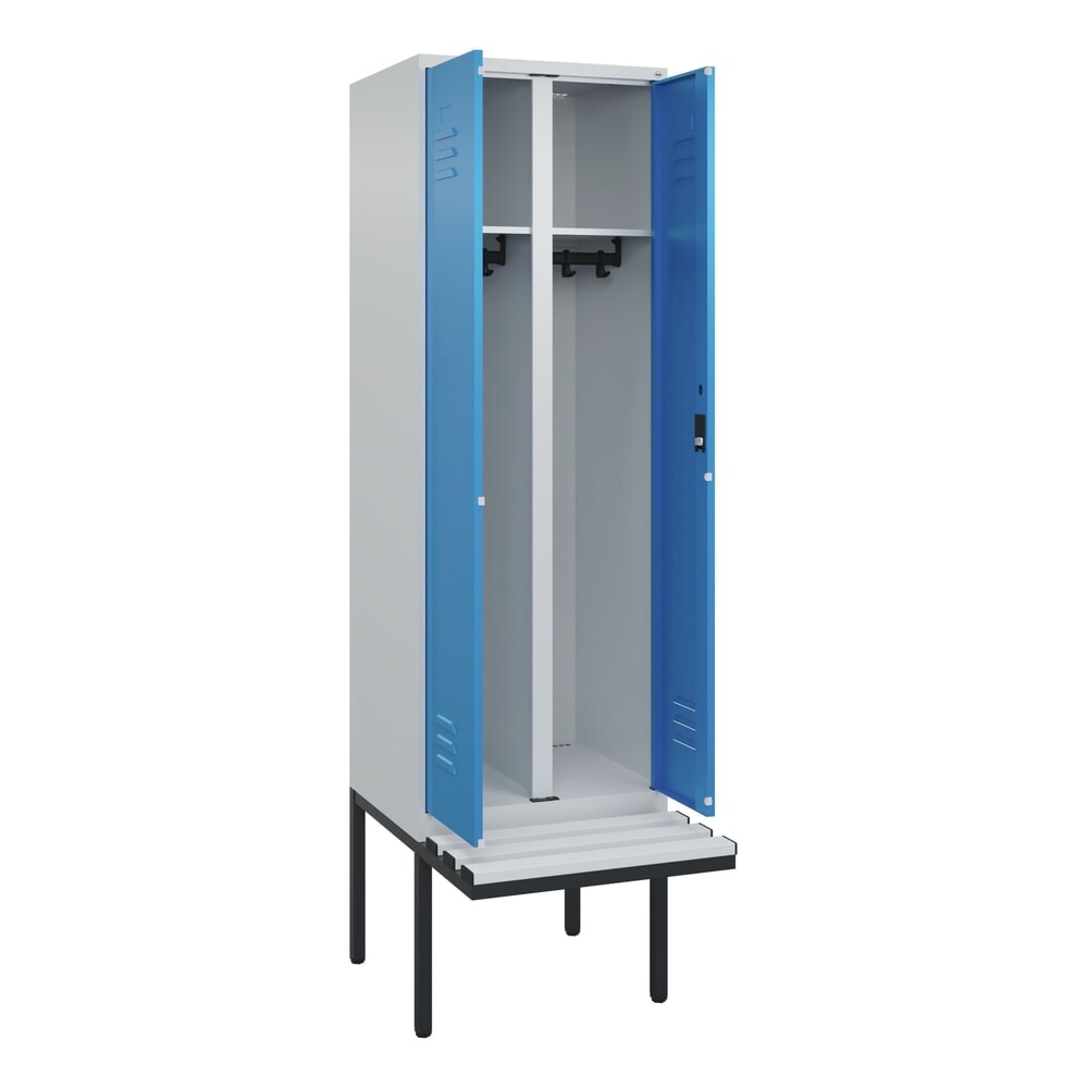 C+P Schwarz-Weiss-Spind Classic PLUS, 2 Abteile, HxBxT 2.120 x 600 x 815 mm, Zylinderschloss, auskragende Bank aus Kunststoff, lichtgrau, lichtblau
