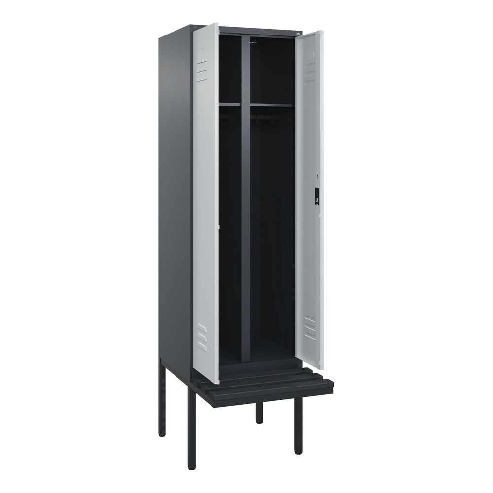 C+P Schwarz-Weiß-Spind Classic PLUS, 2 Abteile, HxBxT 2.120 x 600 x 815 mm, Zylinderschloss, auskragende Bank aus Kunststoff, anthrazitgrau, lichtgrau