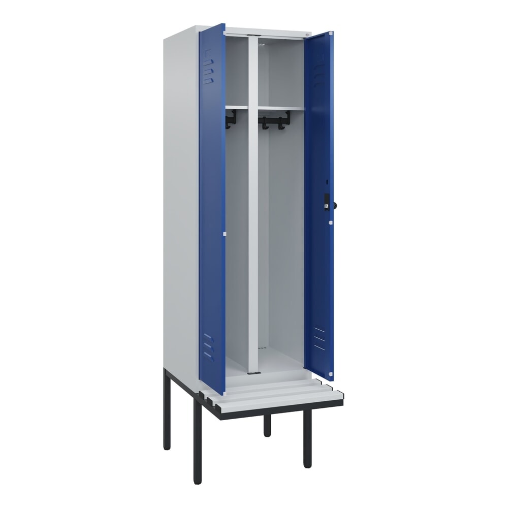 C+P Schwarz-Weiß-Spind Classic PLUS, 2 Abteile, HxBxT 2.120 x 600 x 815 mm, für Vorhängeschloss, auskragende Bank aus Kunststoff, lichtgrau, enzianblau