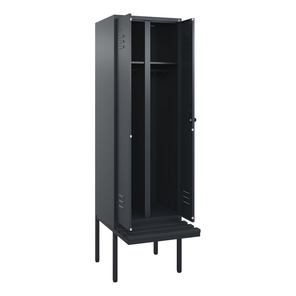C+P Schwarz-Weiss-Spind Classic PLUS, 2 Abteile, HxBxT 2.120 x 600 x 815 mm, für Vorhängeschloss, auskragende Bank aus Kunststoff, anthrazitgrau, anthrazitgrau