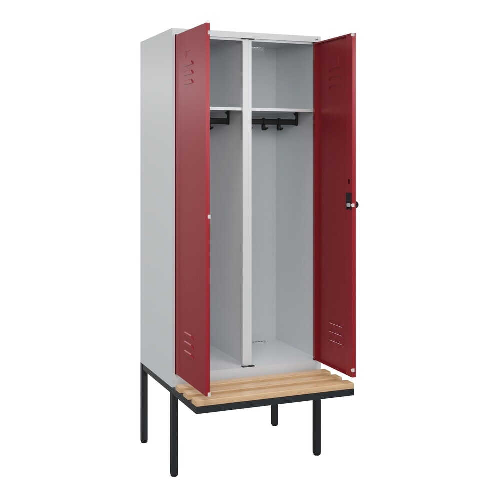C+P Schwarz-Weiss-Spind Classic PLUS, 2 Abteile, HxBxT 2.120 x 800 x 815 mm, für Vorhängeschloss, auskragende Bank aus Buche, lichtgrau, rubinrot