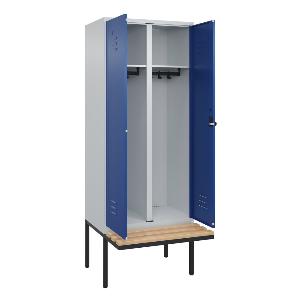 C+P Schwarz-Weiss-Spind Classic PLUS, 2 Abteile, HxBxT 2.120 x 800 x 815 mm, für Vorhängeschloss, auskragende Bank aus Buche, lichtgrau, enzianblau