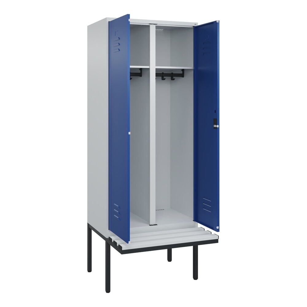 C+P Schwarz-Weiß-Spind Classic PLUS, 2 Abteile, HxBxT 2.120 x 800 x 815 mm, Zylinderschloss, auskragende Bank aus Kunststoff, lichtgrau, enzianblau