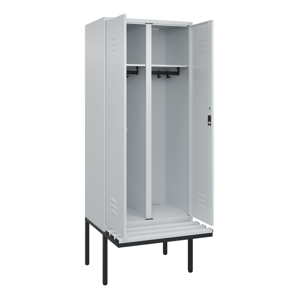 C+P Schwarz-Weiß-Spind Classic PLUS, 2 Abteile, HxBxT 2.120 x 800 x 815 mm, Zylinderschloss, auskragende Bank aus Kunststoff, lichtgrau, lichtgrau