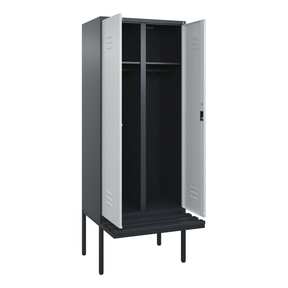 C+P Schwarz-Weiss-Spind Classic PLUS, 2 Abteile, HxBxT 2.120 x 800 x 815 mm, Zylinderschloss, auskragende Bank aus Kunststoff, anthrazitgrau, lichtgrau