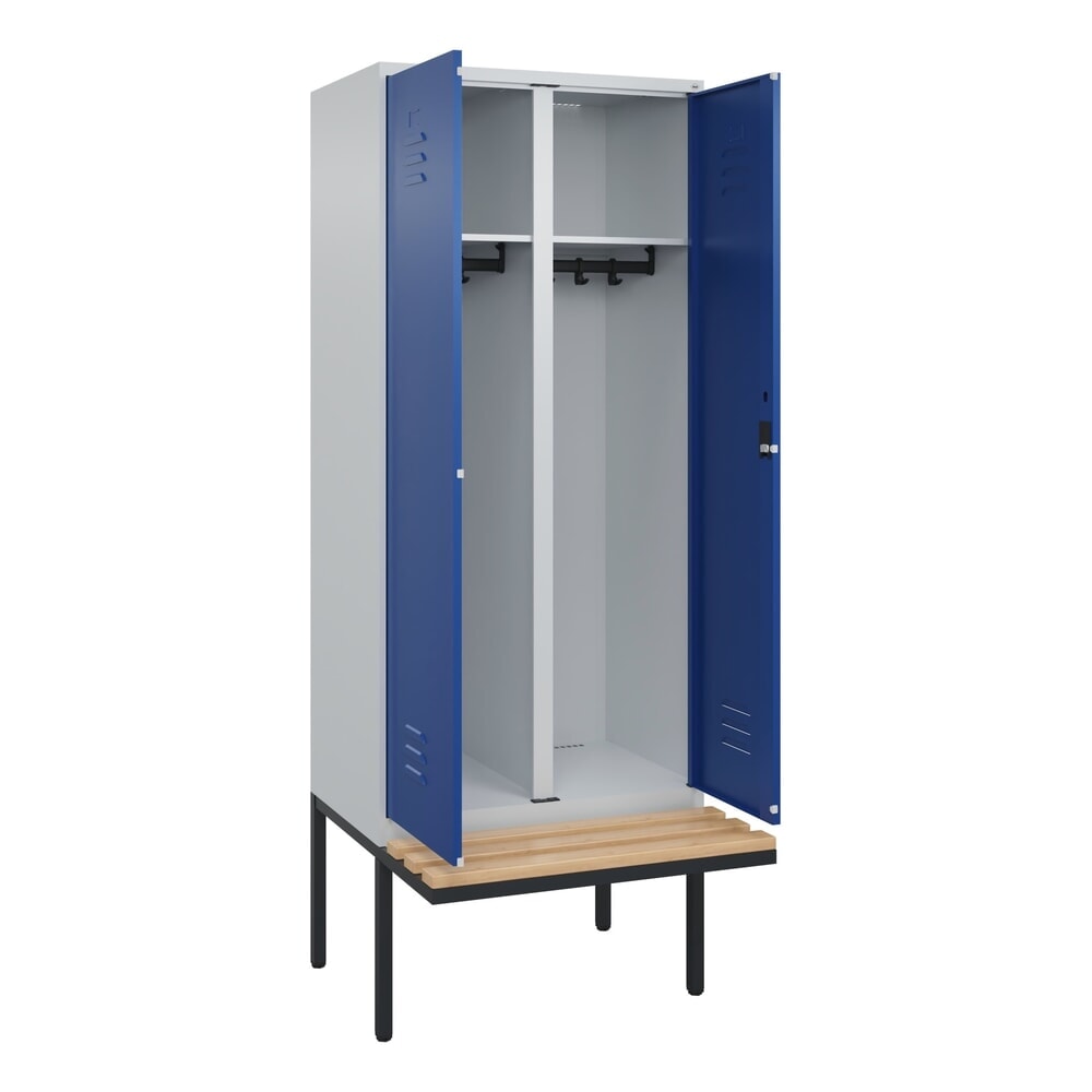 C+P Schwarz-Weiss-Spind Classic PLUS, 2 Abteile, HxBxT 2.120 x 800 x 815 mm, Zylinderschloss, auskragende Bank aus Buche, lichtgrau, enzianblau