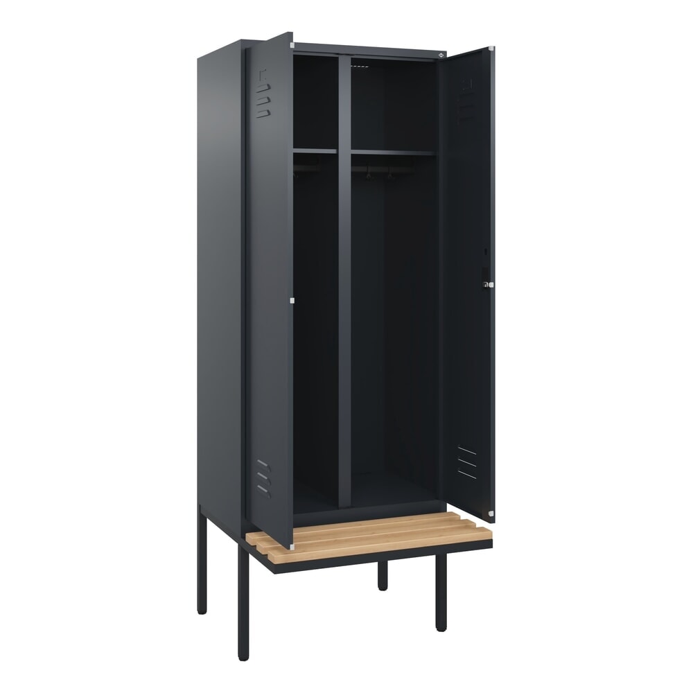 C+P Schwarz-Weiss-Spind Classic PLUS, 2 Abteile, HxBxT 2.120 x 800 x 815 mm, Zylinderschloss, auskragende Bank aus Buche, anthrazitgrau, anthrazitgrau