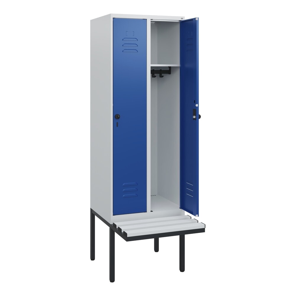 C+P Spind Classic PLUS, 2 Abteile, HxBxT 1.950 x 600 x 815 mm, für Vorhängeschloss, auskragende Bank aus Kunststoff, lichtgrau, enzianblau