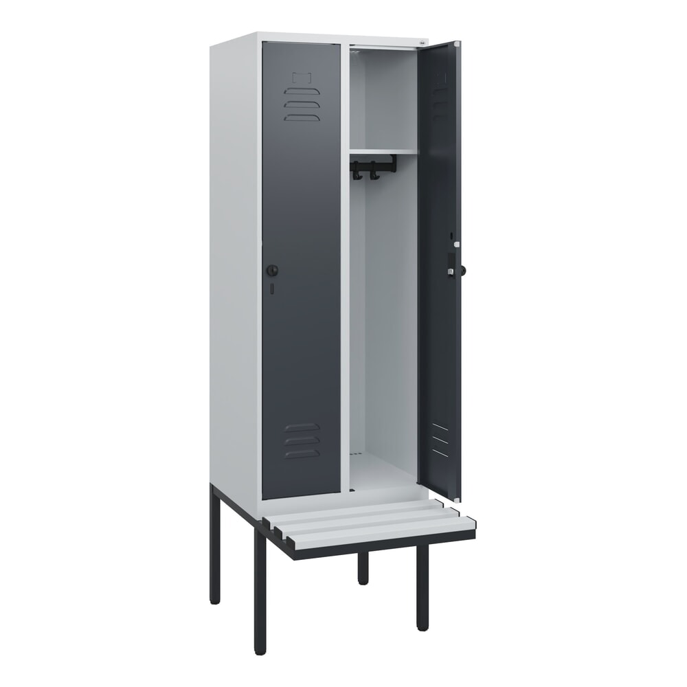 C+P Spind Classic PLUS, 2 Abteile, HxBxT 1.950 x 600 x 815 mm, für Vorhängeschloss, auskragende Bank aus Kunststoff, lichtgrau, anthrazitgrau