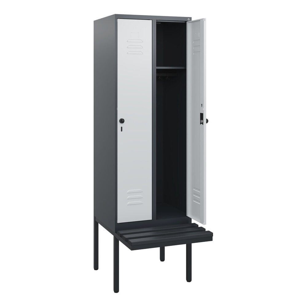 C+P Spind Classic PLUS, 2 Abteile, HxBxT 1.950 x 600 x 815 mm, für Vorhängeschloss, auskragende Bank aus Kunststoff, anthrazitgrau, lichtgrau