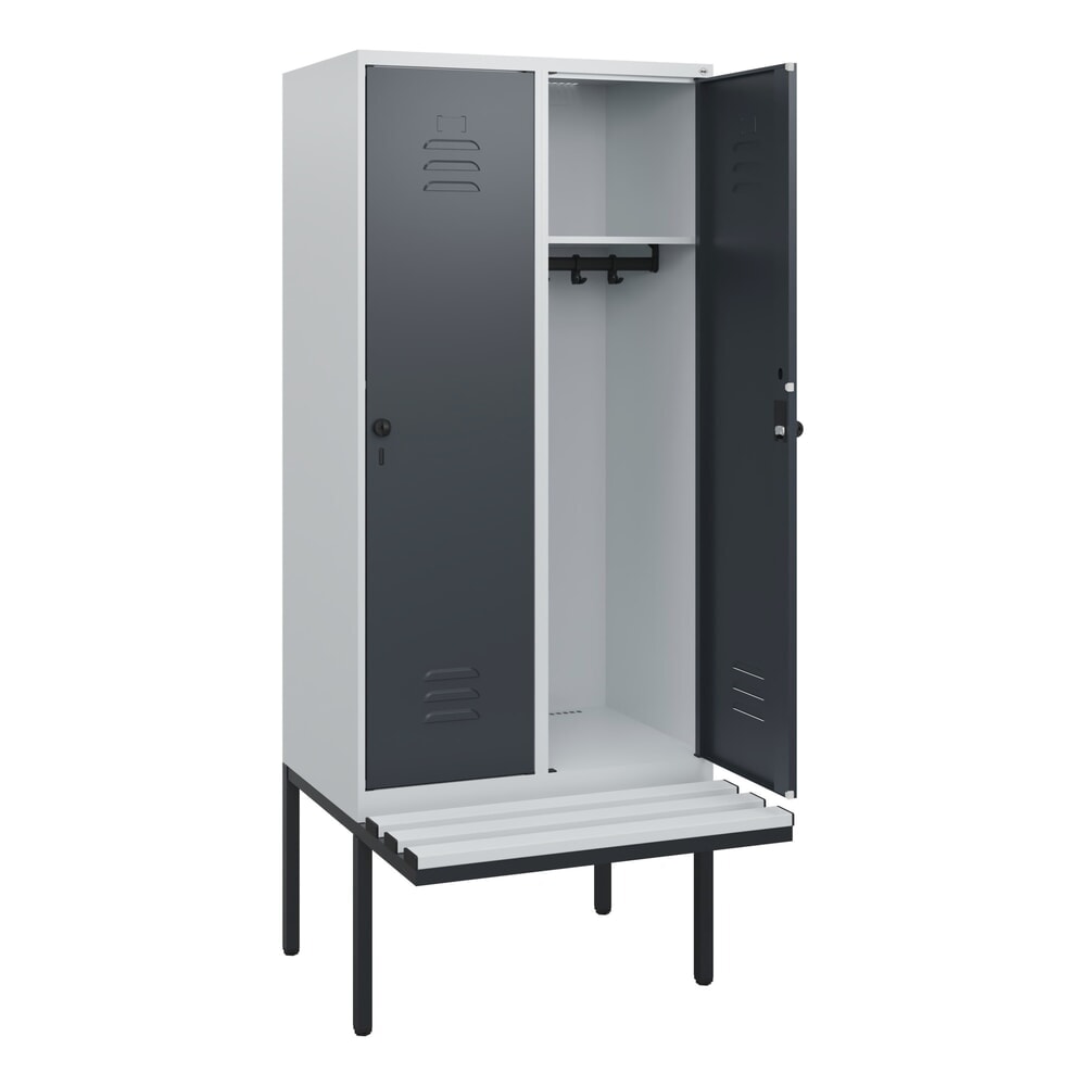 C+P Spind Classic PLUS, 2 Abteile, HxBxT 1.950 x 800 x 815 mm, für Vorhängeschloss, auskragende Bank aus Kunststoff, lichtgrau, anthrazitgrau