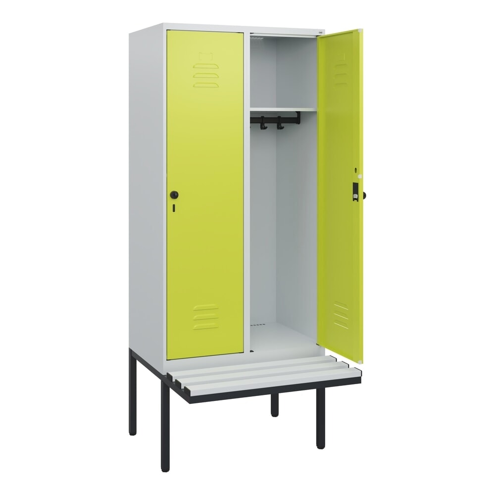 C+P Spind Classic PLUS, 2 Abteile, HxBxT 1.950 x 800 x 815 mm, für Vorhängeschloss, auskragende Bank aus Kunststoff, lichtgrau, clowngrün