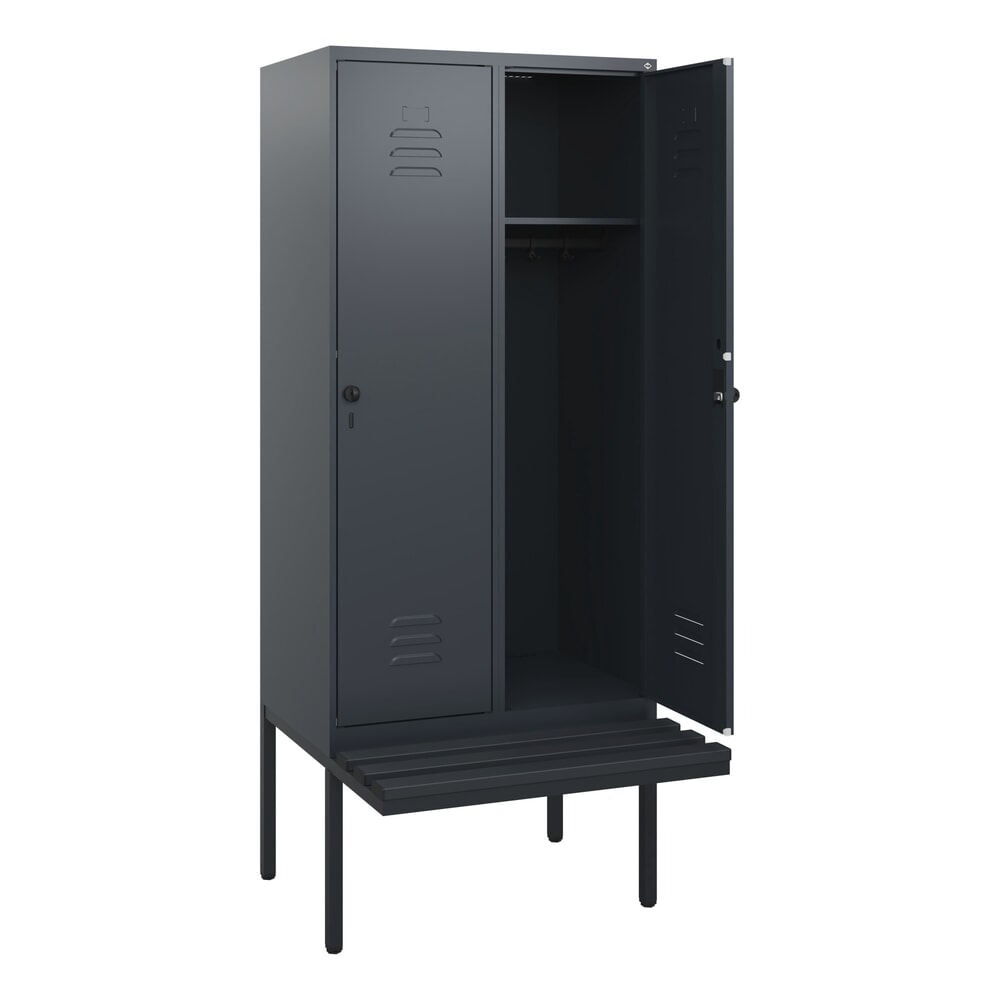 C+P Spind Classic PLUS, 2 Abteile, HxBxT 1.950 x 800 x 815 mm, für Vorhängeschloss, auskragende Bank aus Kunststoff, anthrazitgrau, anthrazitgrau