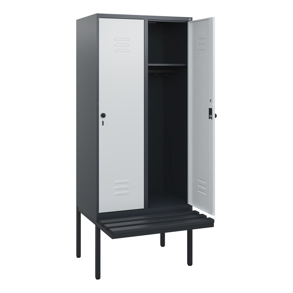 C+P Spind Classic PLUS, 2 Abteile, HxBxT 1.950 x 800 x 815 mm, für Vorhängeschloss, auskragende Bank aus Kunststoff, anthrazitgrau, lichtgrau