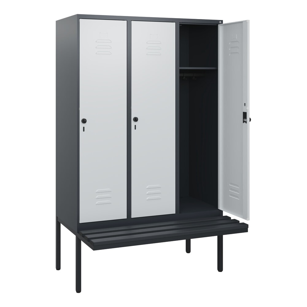 C+P Spind Classic PLUS, 3 Abteile, HxBxT 1.950 x 1.200 x 815 mm, für Vorhängeschloss, auskragende Bank aus Kunststoff, anthrazitgrau, lichtgrau