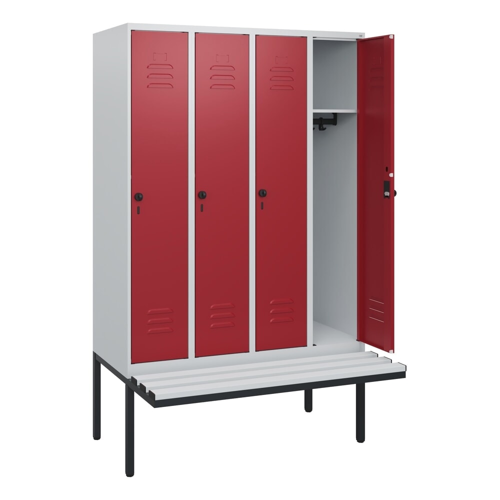 C+P Spind Classic PLUS, 4 Abteile, HxBxT 1.950 x 1.200 x 815 mm, für Vorhängeschloss, auskragende Bank aus Kunststoff, lichtgrau, rubinrot