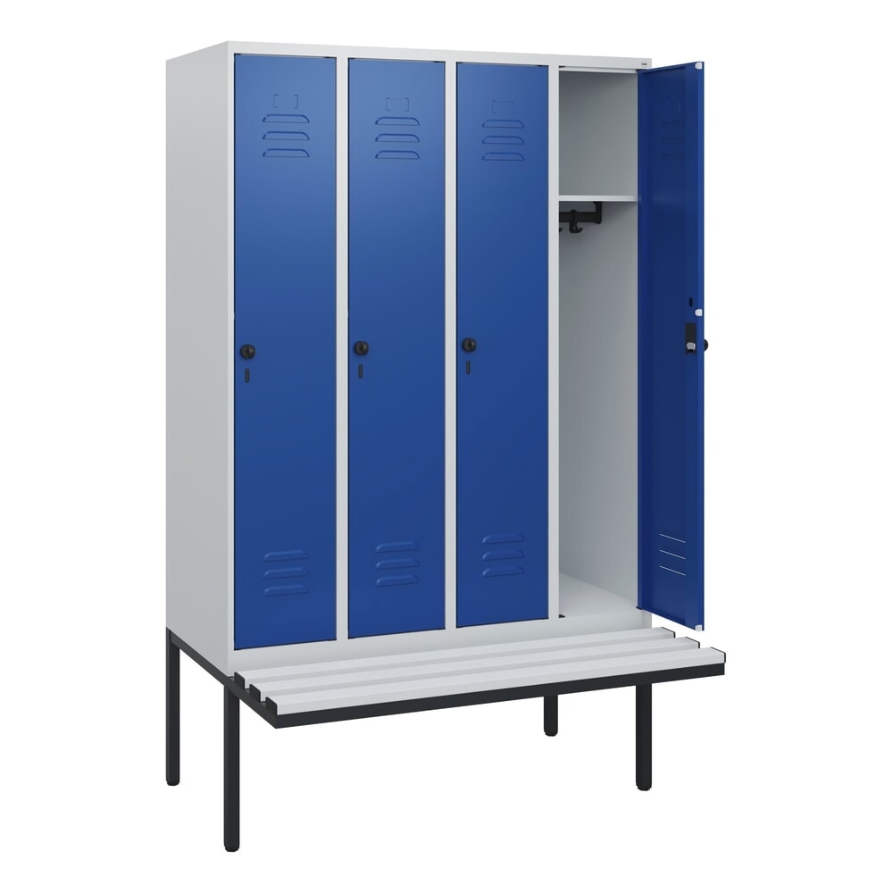 C+P Spind Classic PLUS, 4 Abteile, HxBxT 1.950 x 1.200 x 815 mm, für Vorhängeschloss, auskragende Bank aus Kunststoff, lichtgrau, enzianblau