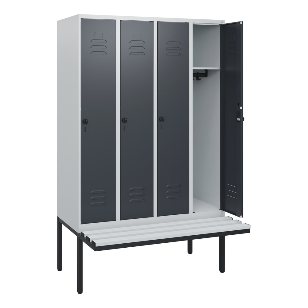 C+P Spind Classic PLUS, 4 Abteile, HxBxT 1.950 x 1.200 x 815 mm, für Vorhängeschloss, auskragende Bank aus Kunststoff, lichtgrau, anthrazitgrau