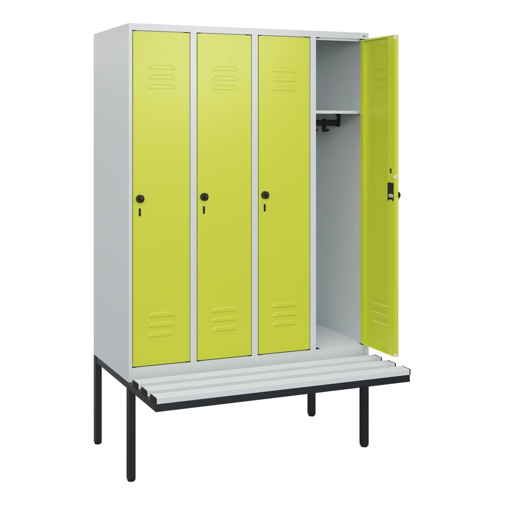 C+P Spind Classic PLUS, 4 Abteile, HxBxT 1.950 x 1.200 x 815 mm, für Vorhängeschloss, auskragende Bank aus Kunststoff, lichtgrau, clowngrün