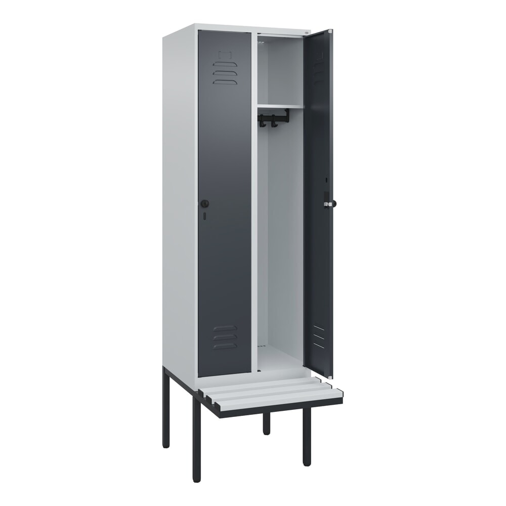 C+P Spind Classic PLUS, 2 Abteile, HxBxT 2.120 x 600 x 815 mm, für Vorhängeschloss, auskragende Bank aus Kunststoff, lichtgrau, anthrazitgrau