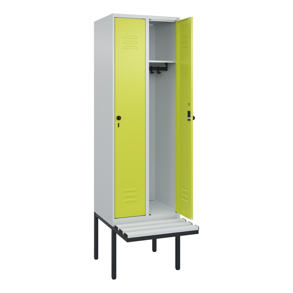 C+P Spind Classic PLUS, 2 Abteile, HxBxT 2.120 x 600 x 815 mm, für Vorhängeschloss, auskragende Bank aus Kunststoff, lichtgrau, clowngrün