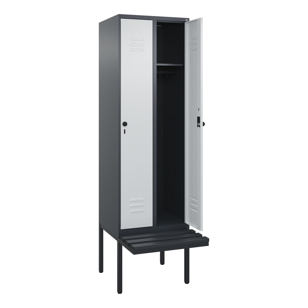 C+P Spind Classic PLUS, 2 Abteile, HxBxT 2.120 x 600 x 815 mm, für Vorhängeschloss, auskragende Bank aus Kunststoff, anthrazitgrau, lichtgrau