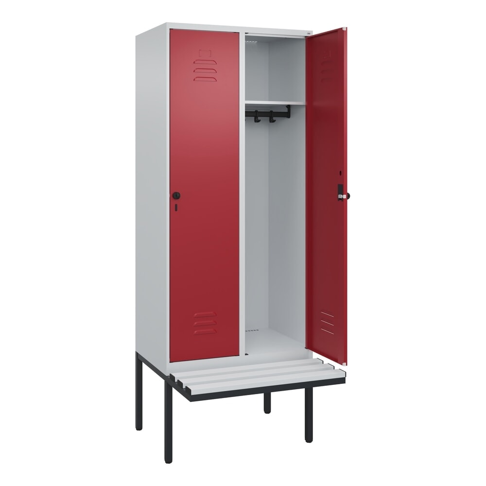 C+P Spind Classic PLUS, 2 Abteile, HxBxT 2.120 x 800 x 815 mm, für Vorhängeschloss, auskragende Bank aus Kunststoff, lichtgrau, rubinrot