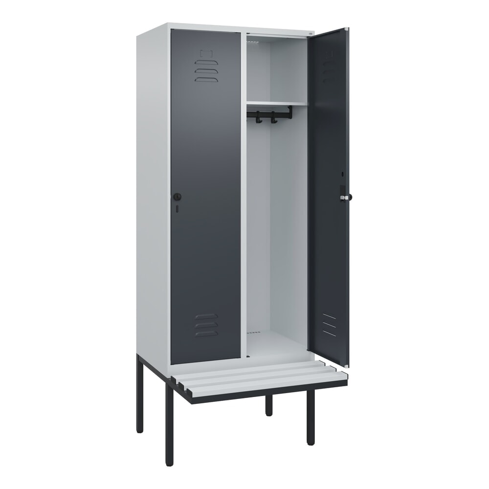 C+P Spind Classic PLUS, 2 Abteile, HxBxT 2.120 x 800 x 815 mm, für Vorhängeschloss, auskragende Bank aus Kunststoff, lichtgrau, anthrazitgrau