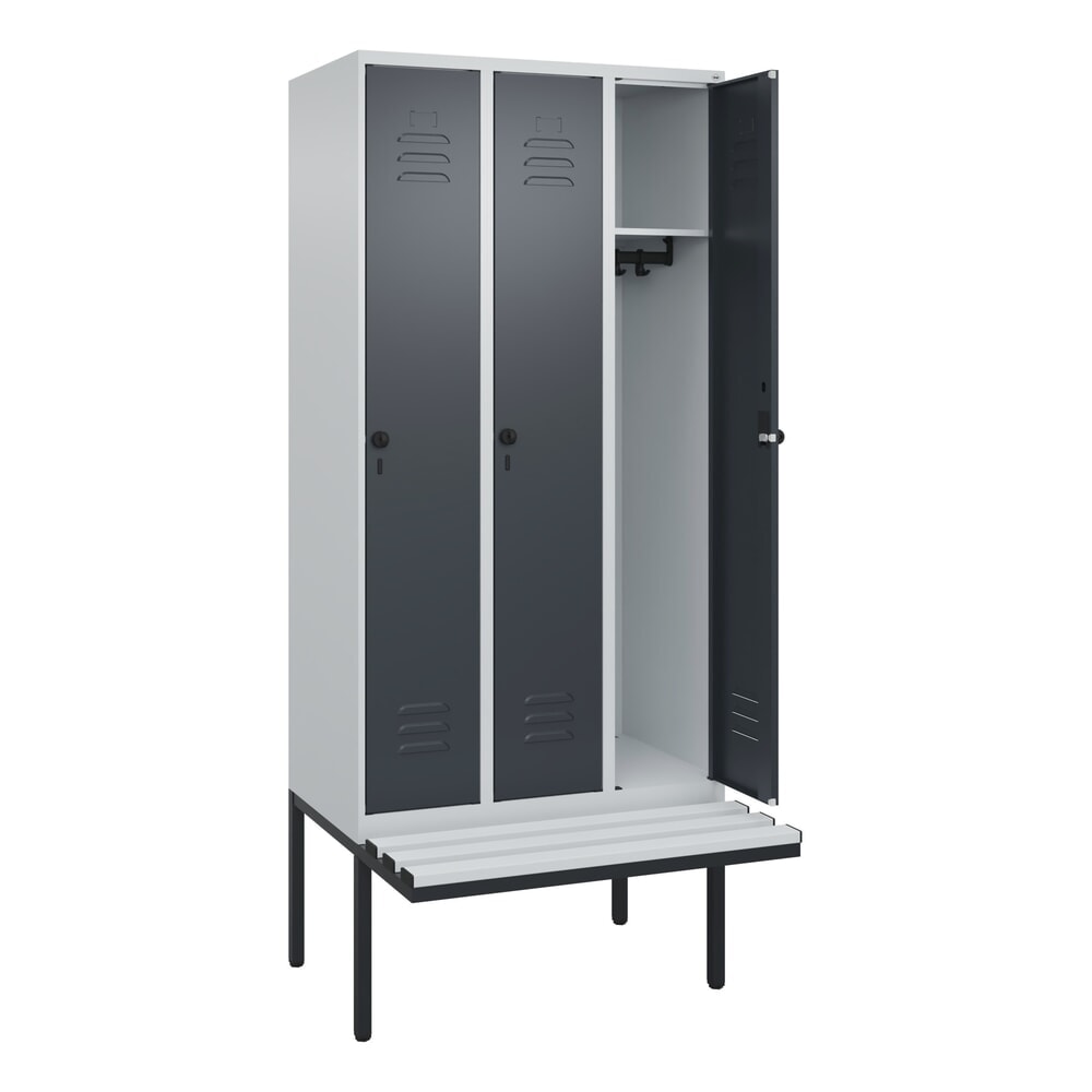 C+P Spind Classic PLUS, 3 Abteile, HxBxT 2.120 x 900 x 815 mm, für Vorhängeschloss, auskragende Bank aus Kunststoff, lichtgrau, anthrazitgrau