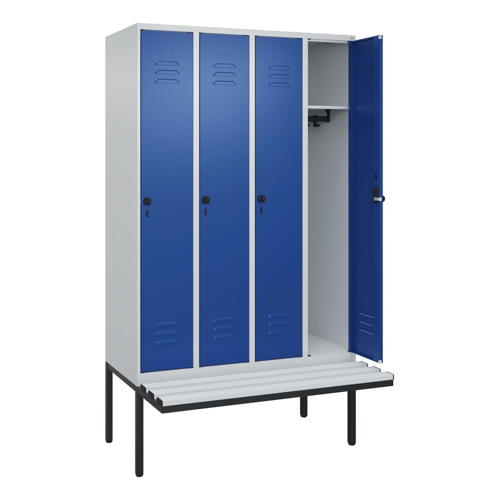 C+P Spind Classic PLUS, 4 Abteile, HxBxT 2.120 x 1.200 x 815 mm, für Vorhängeschloss, auskragende Bank aus Kunststoff, lichtgrau, enzianblau