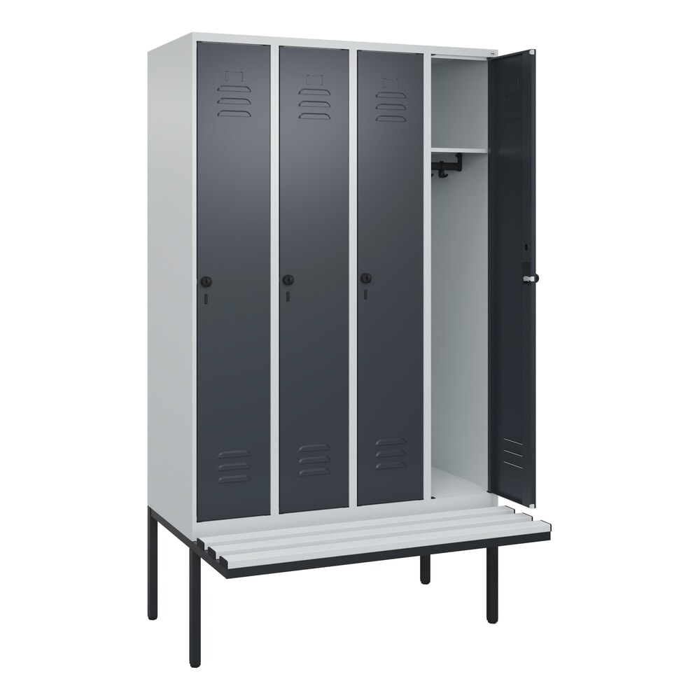 C+P Spind Classic PLUS, 4 Abteile, HxBxT 2.120 x 1.200 x 815 mm, für Vorhängeschloss, auskragende Bank aus Kunststoff, lichtgrau, anthrazitgrau