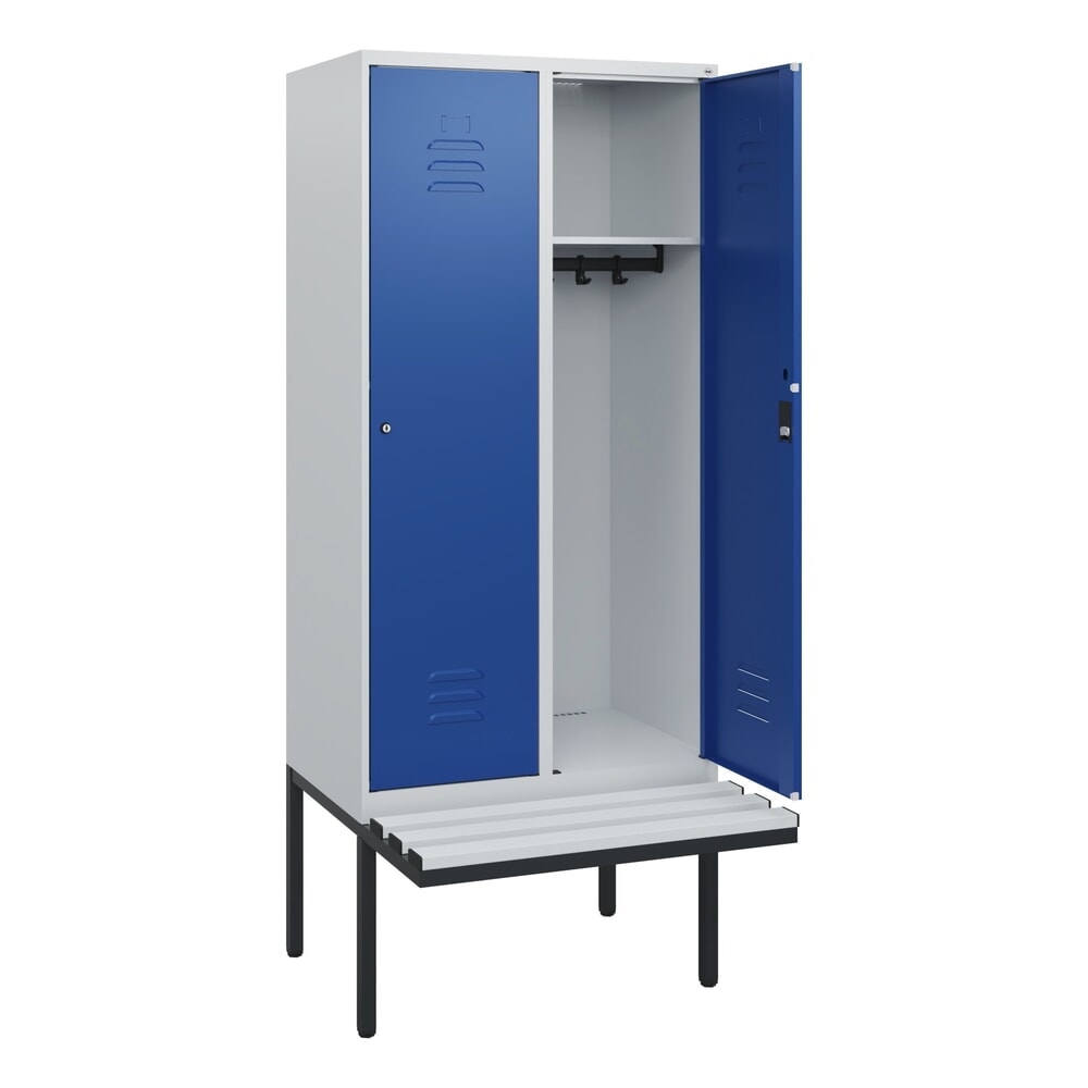 C+P Spind Classic PLUS, 2 Abteile, HxBxT 1.950 x 800 x 815 mm, Zylinderschloss, auskragende Bank aus Kunststoff, lichtgrau, enzianblau