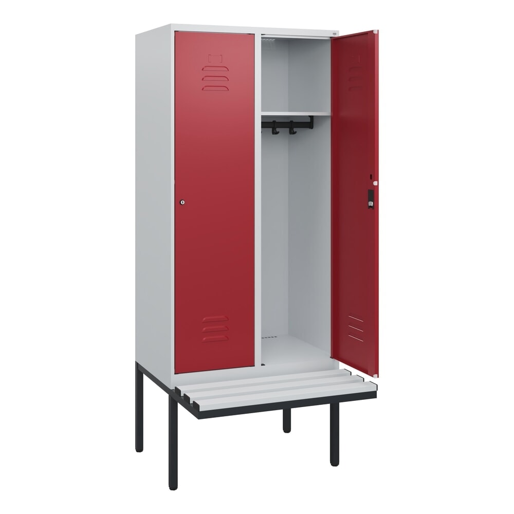 C+P Spind Classic PLUS, 2 Abteile, HxBxT 1.950 x 800 x 815 mm, Zylinderschloss, auskragende Bank aus Kunststoff, lichtgrau, rubinrot