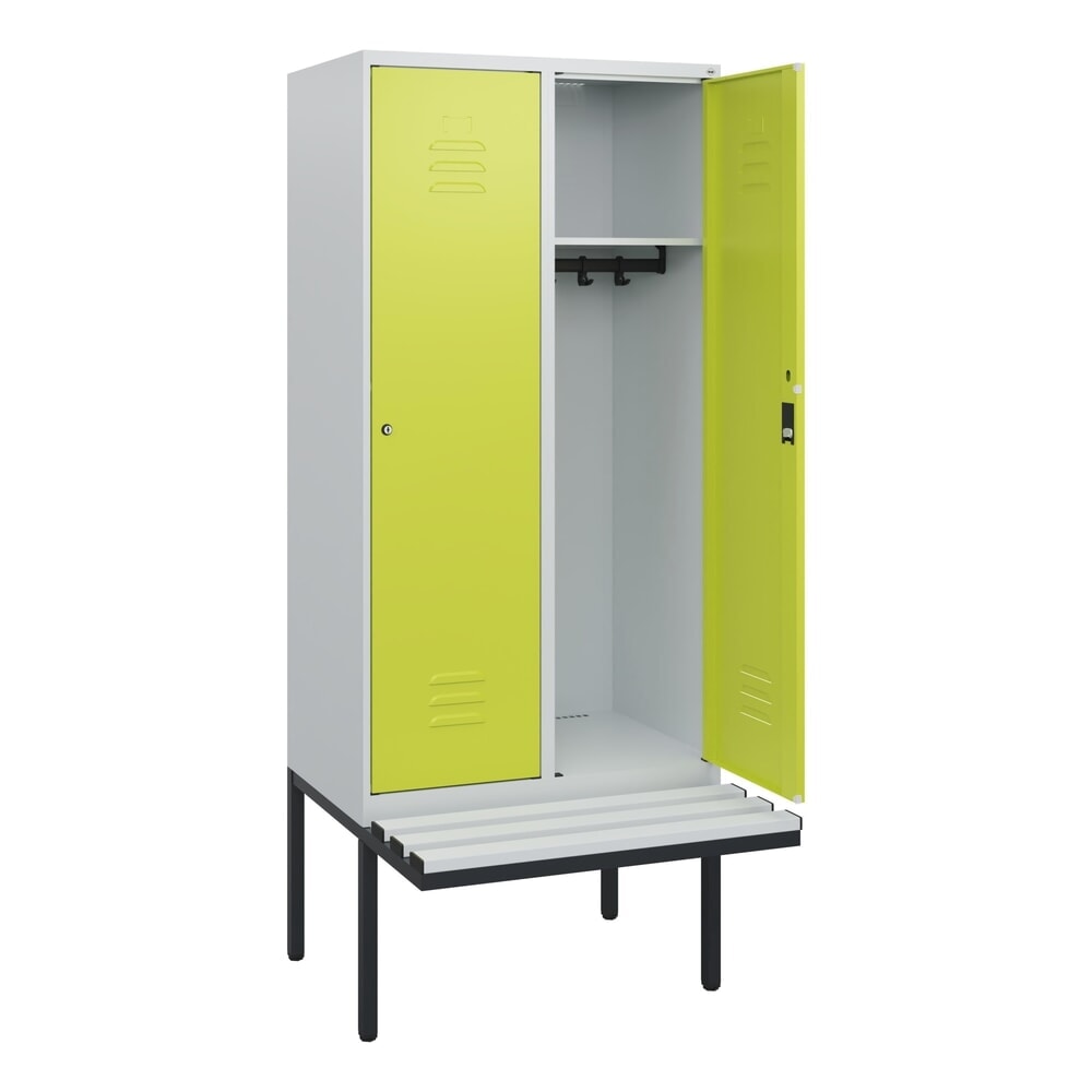 C+P Spind Classic PLUS, 2 Abteile, HxBxT 1.950 x 800 x 815 mm, Zylinderschloss, auskragende Bank aus Kunststoff, lichtgrau, clowngrün