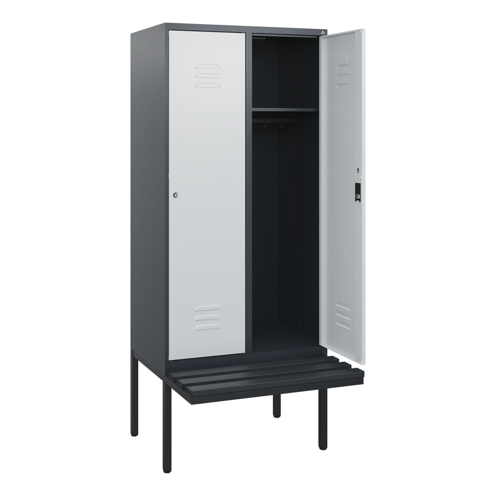 C+P Spind Classic PLUS, 2 Abteile, HxBxT 1.950 x 800 x 815 mm, Zylinderschloss, auskragende Bank aus Kunststoff, anthrazitgrau, lichtgrau